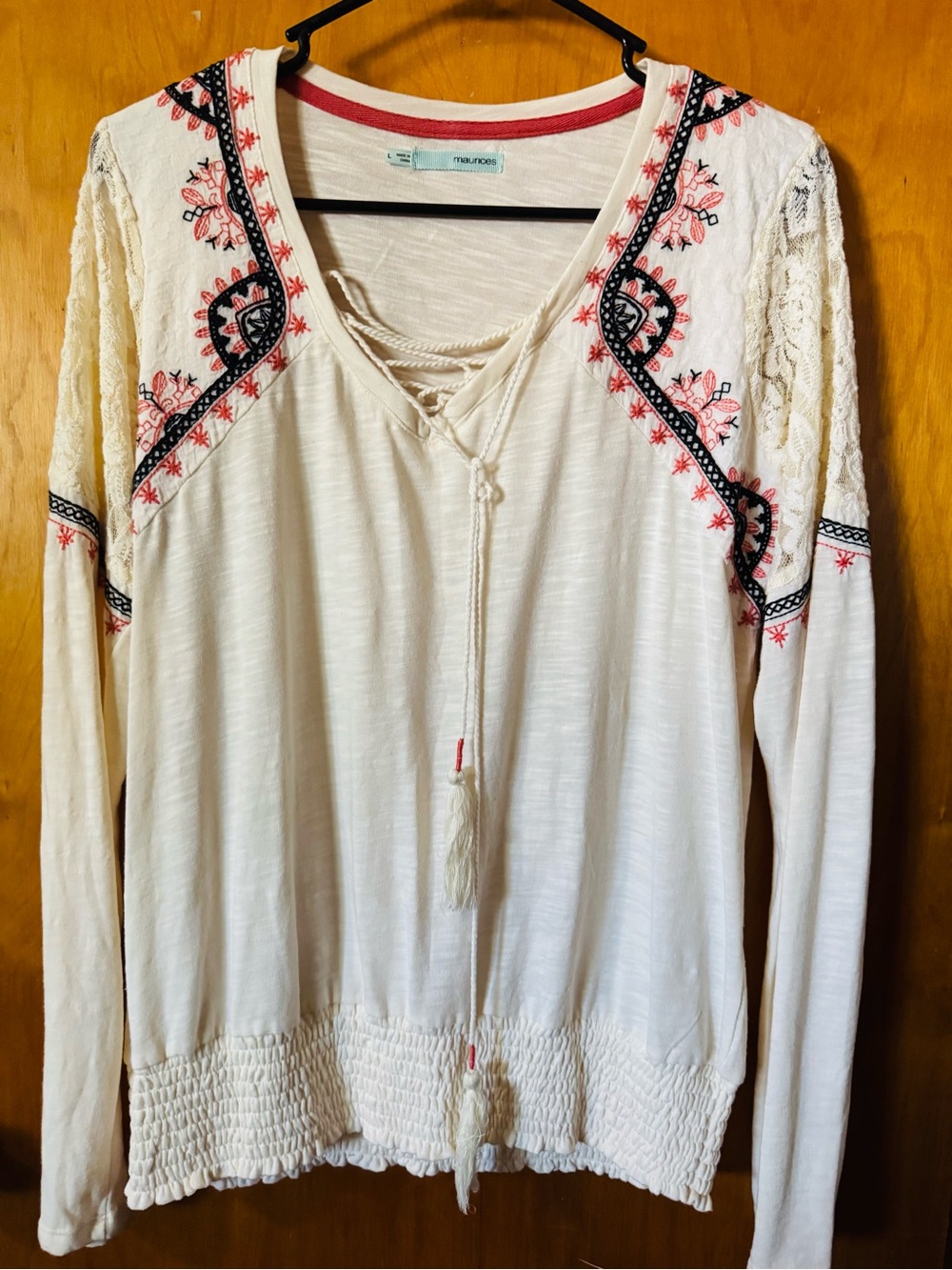 Maurices Cream Lace-Up Peasant Top with Pink & Black Embroidery